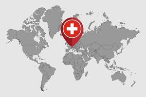 nålkarta med schweiz flagga på världskartan. vektor illustration.