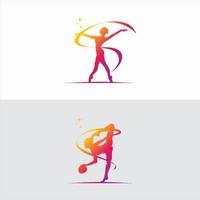 ung gymnast kvinna dansa med band logotyp vektor