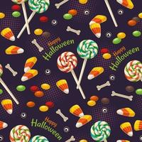 Nahtloses Halloween-Muster mit Knochen, Augen, Halloween-Süßigkeiten, Bonbons, Bonbons, Lutscher, Zuckermais, Text Happy Halloween. strukturierter dunkelvioletter hintergrund mit runden halbtonformen. vektor