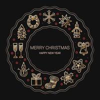 krans med guld jul ikoner och kopia Plats. snöflinga, stjärna, klocka, santa claus, ingefära bröd, järnek, strumpa, gåva låda, snögubbe, jul träd, krans, champagne glas. vektor