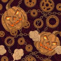 sömlös halloween mönster i steampunk stil med koppar halloween pumpa, rostig växlar, grov kedjor. texturerad mörk röd bakgrund med kontur kugghjul hjul. kreativ fantasi begrepp. vektor
