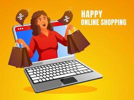 eine glückliche Einkaufsfrau mit einem Laptop vektor