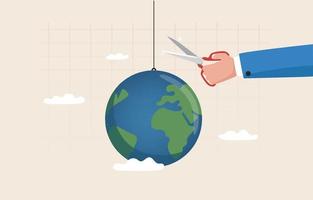 Weltwirtschaftskrise. Eine riesige Hand schneidet mit einer Schere das Seil, an dem der Globus hängt. vektor