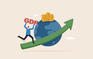 Wachstum des Bruttoinlandsprodukts oder BIP. Pfeildiagramm mit Globus, Geldstapel, glücklicher kleiner Profi. geschäftsmann, der auf grünem pfeildiagramm läuft. vektor