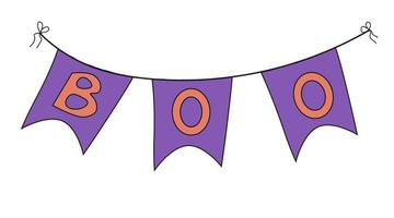 Flagge mit Boo-Text. halloween girlande flag illustration symbol. lila Fahne an einem Seil. hängendes Feiertagsbanner. einfaches Doodle für Karten, Einladungen, Poster, Druck, Web vektor