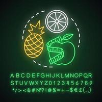 Symbol für das Neonlicht-Konzept der Fruitarier-Diät. vegane Lifestyle-Idee. leuchtendes zeichen mit alphabet, zahlen und symbolen. vegetarische Ernährung. frischer apfel, ananas und orange vektor isolierte illustration