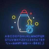 Symbol für Neonlicht in der Babypflege. Produkte für Neugeborene. Schnuller, Babyflasche. E-Commerce-Abteilung, Einkaufskategorien. leuchtendes zeichen mit alphabet, zahlen und symbolen. vektor isolierte illustration