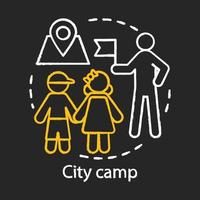 Symbol für das Kreidekonzept des Stadtlagers. urbaner kinderclub im sommer, idee für den zeitvertreib im urlaub. Erkundung der Stadt, Besuch der Wahrzeichen der Stadt. Roadtrip im Vorschulalter. vektor isolierte tafelillustration