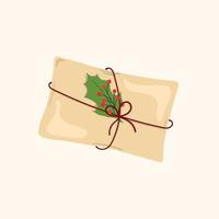 Weihnachtsgeschenk. vektorillustration des geschenks gebunden mit rotem seil mit ilex und beeren auf einem zweig. verpackung für weihnachtswerbedesign oder druck. vektor