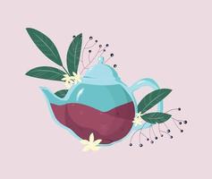 Holunder-Kräutertee. Vektorgrafik von rotem Tee in einer Teekanne mit Beeren, Blättern und weißen Blüten für einen Verpackungsdruck oder eine Anwendung. vektor