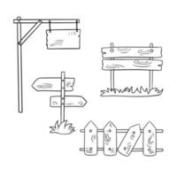 svartvit uppsättning av ikoner, årgång trä- objekt, en tecken på en hög Pol, en bruten staket och en pekare, vektor illustration i tecknad serie stil på en vit bakgrund
