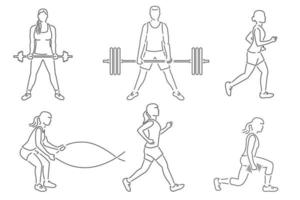 Set von Fitness-Mädchen und Mann-Symbol. Laufen, Training im Fitnessstudio mit Gewichten, Übungen mit Kampfseilen. vektor