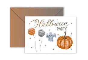 halloween-partyeinladung oder grußkarte mit aquarell handgeschriebener kalligrafie und traditionellen symbolen. vektor