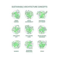 hållbar arkitektur grön begrepp ikoner uppsättning. ekologisk stad teori aning tunn linje Färg illustrationer. isolerat symboler. redigerbar stroke. vektor