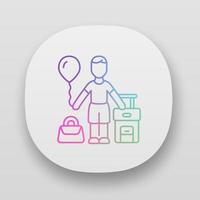 App-Symbol für Einwandererkind. kind reist ins ausland. touristischer Urlaub. reisender mit luftballon, handtasche und koffer. ui ux-benutzeroberfläche. Web- oder mobile Anwendungen. Vektor isolierte Illustrationen