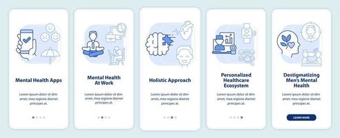 Trends zur Verbesserung der psychischen Gesundheit hellblauer Onboarding-Bildschirm der mobilen App. Komplettlösung 5 Schritte grafische Anleitungsseiten mit linearen Konzepten. ui, ux, gui-Vorlage. vektor