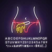 Symbol für Neonlicht beim Wachsen des Bikinis. Verfahren zur Haarentfernung bei Frauen. Enthaarung mit natürlich weichem Heißwachs. Schönheitsbehandlung. leuchtendes zeichen mit alphabet, zahlen und symbolen. vektor isolierte illustration