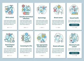 frauengesundheits-onboarding-seitenbildschirm der mobilen app mit linearen konzepten. gynäkologische Vorbeugung und Vorsorgeuntersuchungen. exemplarische Schritte grafische Anweisungen. ux, ui, gui-vektorvorlage mit symbolen vektor