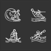 Wassersport-Kreide-Icons gesetzt. Surfen, Wasserski, Rafting und Sup-Boarding. Extremsportarten. sommerferien freizeit, abenteuer. Aktivitäten am Strand. isolierte vektortafelillustrationen vektor