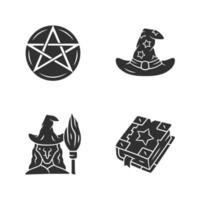 Symbole für magische Glyphen festgelegt. Pentagramm, Zaubererhut, Hexe, Zauberbuch. Hexerei, okkulte Ritualgegenstände. mysteriöse Objekte. Silhouettensymbole. vektor isolierte illustration