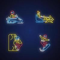 Neonlicht-Symbole für extreme Winteraktivitäten gesetzt. riskanter Sport, Abenteuer. Outdoor-Freizeit in der kalten Jahreszeit. Snowboarden, Eisklettern, Schneemobilfahren und Hundeschlittenfahren. Vektor isolierte Illustrationen