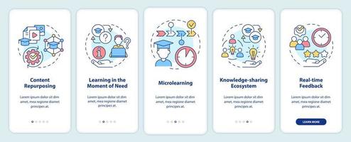 Tendenzen bei der Entwicklung von Fähigkeiten beim Onboarding auf dem Bildschirm der mobilen App. Feedback Walkthrough 5 Schritte grafische Anleitungsseiten mit linearen Konzepten. ui, ux, gui-Vorlage. vektor