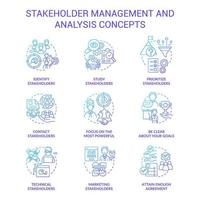 Stakeholder-Management und Analyse blaue Farbverlauf-Konzeptsymbole gesetzt. identifizieren interessen idee dünne linienfarbillustrationen. isolierte Symbole. vektor