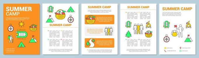 Sommer-Outdoor-Abenteuer-Camp-Broschüren-Vorlagen-Layout. flyer, broschüre, broschürendruckdesign mit linearen illustrationen. Vektorseitenlayouts für Zeitschriften, Geschäftsberichte, Werbeplakate vektor