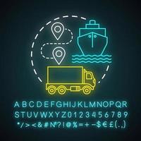 Transport-Neonlicht-Konzept-Symbol. Versand auf dem See- und Landweg. Route, Schiff, LKW. Logistik. Idee der Frachtlieferung. leuchtendes zeichen mit alphabet, zahlen und symbolen. vektor isolierte illustration