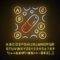 Symbol für Neonlicht von Vitaminpillen. a, b, c, d, e, k Multivitaminkomplex. Multivitamin-Medikamente. lebenswichtige Mineralien. leuchtendes zeichen mit alphabet, zahlen und symbolen. vektor isolierte illustration