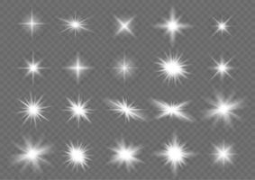 glöd isolerat vit transparent ljus effekt uppsättning, lins blossa, explosion, glitter, linje, Sol blixt, gnista och stjärnor. abstrakt särskild effekt element design. glans stråle med blixt-