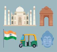 fem ikoner för Indiens kultur vektor