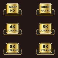 4K Ultra HD, 5K Ultra HD, 6K Ultra HD, 8K Ultra HD, 1080p Full HD, 720p HD-Auflösung Symbol-Logo-Set vektor