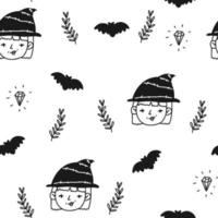 söt årgång mönster med klotter svart de flygande mus, häxa, halloween, magi sömlös bakgrund. för tyg textil, sovrum, bebis, barn. vektor