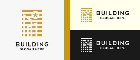 Gebäude-Logo-Design-Vorlage und Sonne oder Mond und Sterne-Icon-Design. kreatives logo für bau, bau, hotel, wohnung, architekten oder wohnungen. Vektor-Illustration vektor
