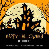 Lycklig halloween hälsning kort, inbjudan flygblad eller baner för halloween fest firande på oktober 31. häxans hus, skrämmande inför pumpor, flygande fladdermöss, kyrkogård med grav går över och jätte måne. vektor