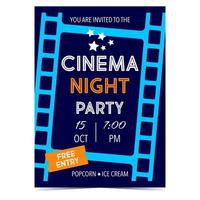 Promo-Banner oder Einladungskarte für Kinoabende mit Filmstreifen im Hintergrund. Kinoparty-Werbung, Ankündigungsvektorplakat, Broschüre oder Affiche mit Datum und Uhrzeit der Veranstaltung. vektor