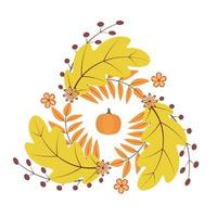 krans av färgrik höst löv, blommor och pumpa. falla tema vektor illustration. tacksägelse dag hälsning kort eller inbjudan.
