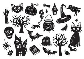 Halloween-Zeichnungen Vektor-Set von Design-Elementen. Kürbis, Geist, schwarze Katze vektor