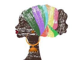 porträtt skön afro kvinna i retro årgång stil. shenbolen ankara huvudduk kvinnor afrikansk traditionell headtie scarf turban. kente huvud wraps afrikansk stam- tyg design. vektor isolerat på vit