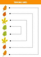 Verfolgen von Linien für Kinder. handgezeichnete Blätter. Schreiberfahrung. vektor