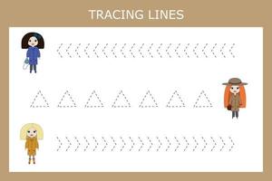 spårande rader spel med söt tjejer, dockor. kalkylblad för förskola ungar, barn aktivitet ark, tryckbar kalkylblad vektor