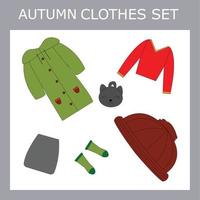 ein satz kleidung für ein kleines schönes mädchen im herbst ein hut, ein regenmantel, ein hemd, stiefel, eine tasche, ein rock. Outfit für ein Kind im Herbst vektor