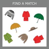 Finden Sie ein Paar oder passen Sie ein Spiel mit bunten Kleidern an. arbeitsblatt für vorschulkinder, kinderaktivitätsblatt, druckbares arbeitsblatt vektor