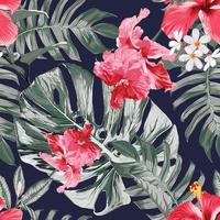 sömlös mönster hibiskusand frangipani blommor monstera grön blad bakgrund.vektor illustration torr vattenfärg hand teckning stlye.tyg design textil vektor