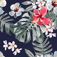 sömlös mönster hibiskusand frangipani blommor monstera grön blad bakgrund.vektor illustration torr vattenfärg hand teckning stlye.tyg design textil vektor