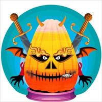 gruseliger Party-Halloween-Kürbiskopf. Kürbisgesicht mit Waffe hinten. geeignet für E-Sport-Logo, T-Shirt und andere Drucksachen. vektor