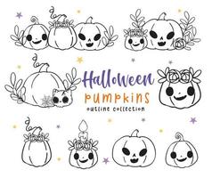 niedlicher halloween-kürbislaterne-kürbis-kawaii-gesichtssatz-karikaturentwurfs-gekritzel-satzvektor für malbuch vektor