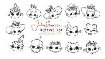 söt kattunge katt häxa halloween ansikte huvud översikt för färg stämpel tecknad serie teckning vektor