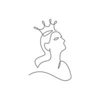 drottning ett linje illustration, skön flicka i de krona, kontinuerlig linje teckning, tatuering, skriva ut skjorta och logotyp design, silhuett enda linje på en vit bakgrund, isolerat vektor